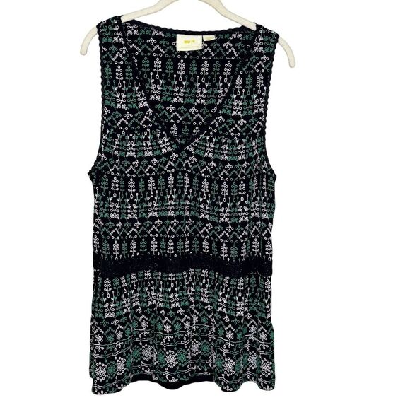 Maeve by Anthropologie Cammie Tank Top Large Black Green White Embroidered Boho - Picture 1 of 8